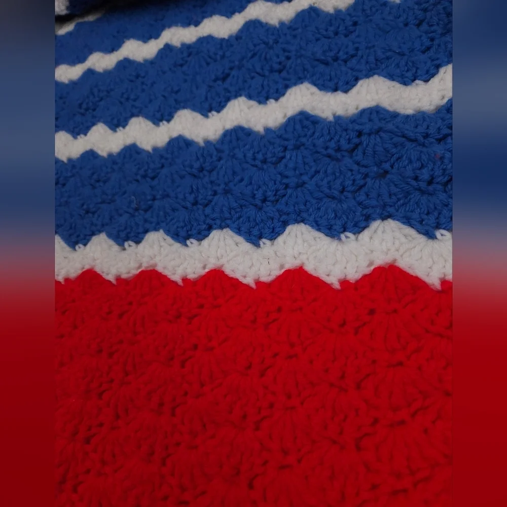 Handmade Vintage Crocheted Blanket Afghan Red White Blue Stripes 69x40 Inches